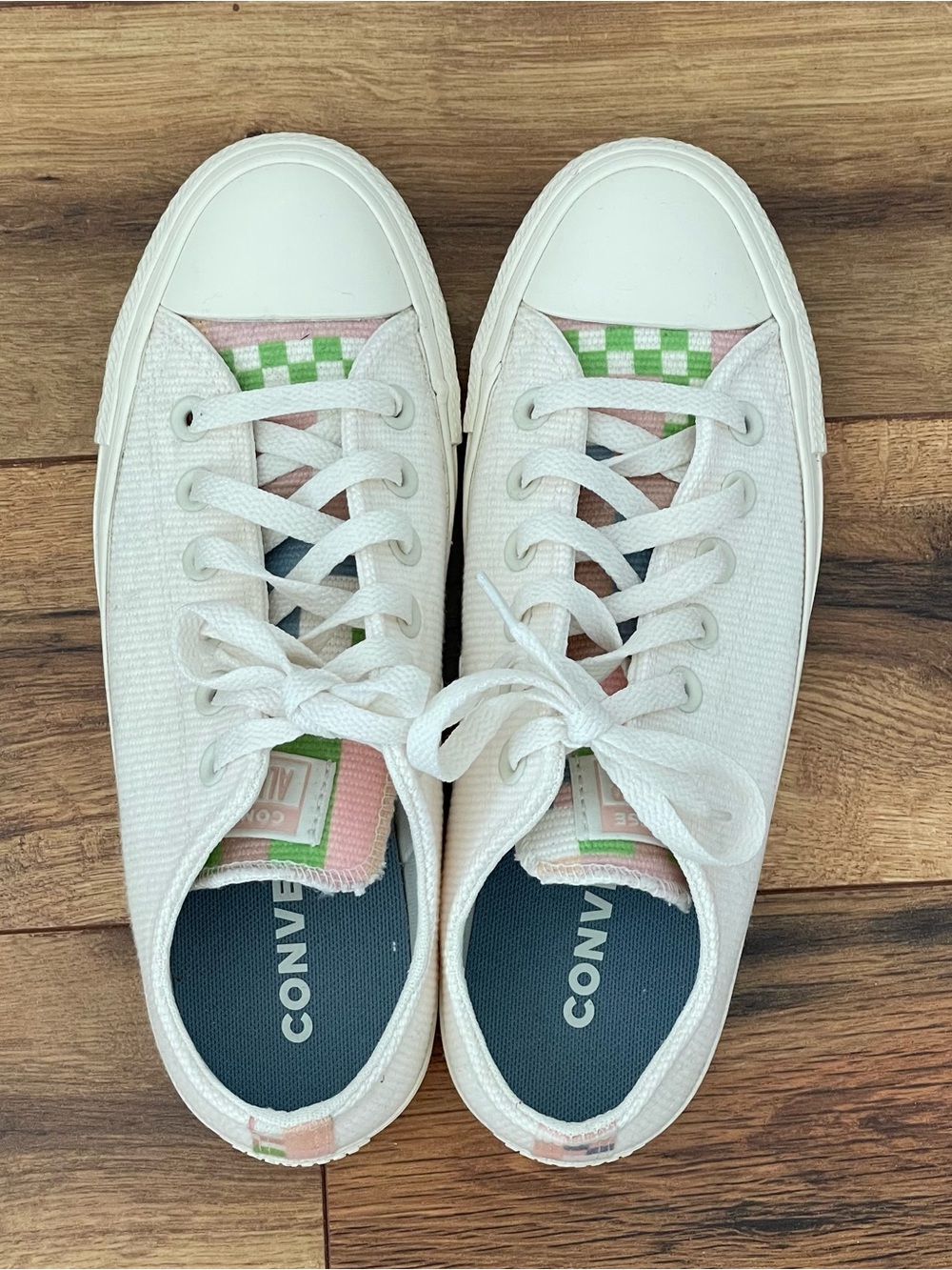 Converse Off-White Canvas Low-Top Sneakers with Pink & Green Check Pattern
